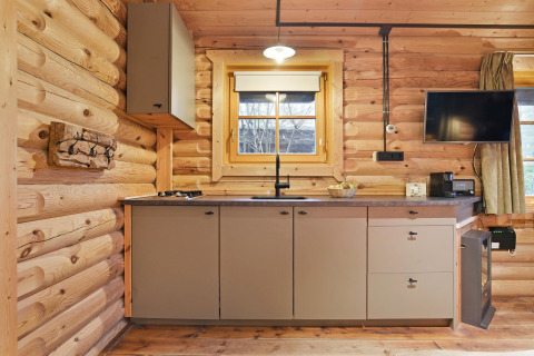 Cozy kitchen space in Park «Duc de Brabant 3» chalet in the Netherlands with modern amenities and wood interior.