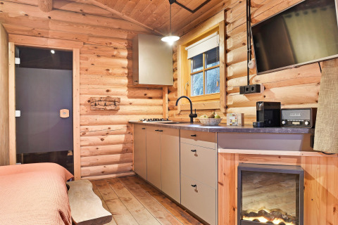 Cozy chalet kitchen with log walls, stove, coffee maker, and fireplace in Park Duc de Brabant, Netherlands.
