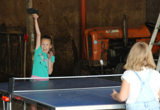 Due ragazze giocano a ping pong in un fienile presso Holiday Home 3 Aarde Green Camping Lage Zwaluwe nei Paesi Bassi.