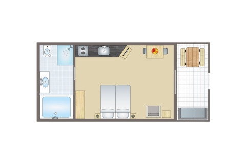 Floor plan of the Park «Duc de Brabant 3» chalet in the Netherlands showing bedroom, bathroom, kitchen and patio.