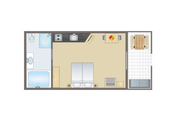 Planimetria dello chalet Park «Duc de Brabant 3» nei Paesi Bassi con camera, bagno, cucina e terrazza.