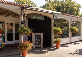 Reception entrance at chalet Park Duc de Brabant 3 with flowers and shopfront in the Netherlands.