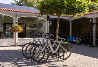 Bicicletas aparcadas frente a un minimercado en Park Duc de Brabant 3 chalet en Países Bajos, bajo árboles.