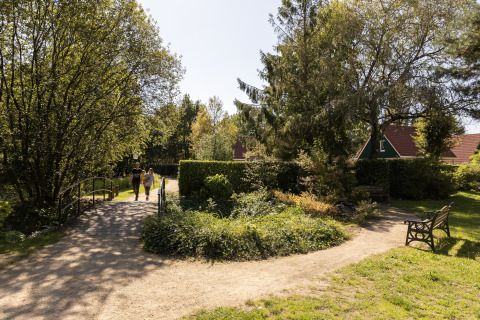 Familie går over bro i grøn park nær Park «Duc de Brabant 3» chalet, Nederlandene, solrig dag.