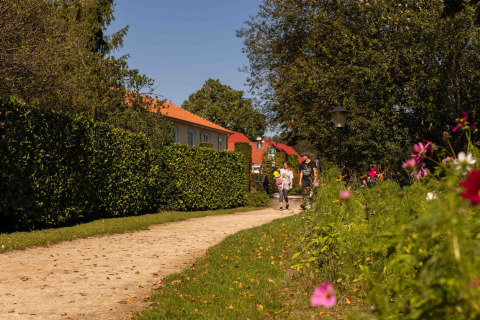 En sti langs Park Duc de Brabant 3-chalet, med blomster, hække og folk, i Holland på en solrig dag.