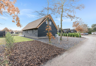 Billede af en moderne sort træhytte med stråtag ved Park de Kievit 22, omgivet af grønt og blå himmel.