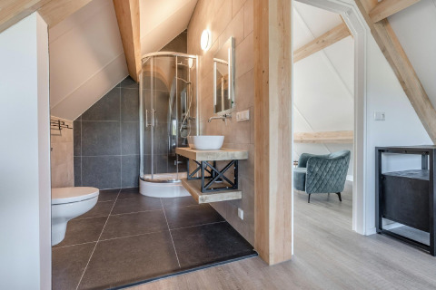 Modernes Badezimmer mit Glasdusche, Aufsatzwaschbecken und Holzbalken im Chalet Park de Kievit 19.