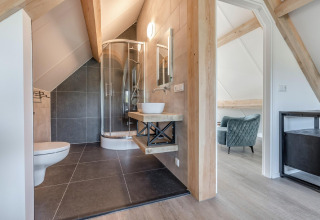 Baño moderno con ducha de vidrio, lavabo sobre encimera y vigas de madera en chalet Park de Kievit 19.