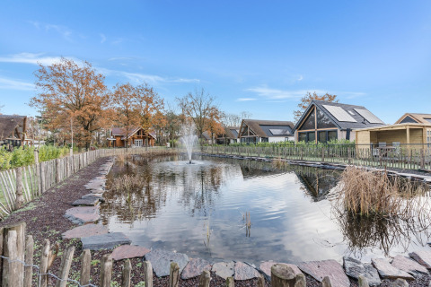 Hyggelige hytter ved en dam med springvand og efterårstræer i Park de Kievit 22, Belgien.