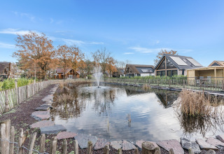 Hyggelige hytter ved en dam med springvand og efterårstræer i Park de Kievit 22, Belgien.
