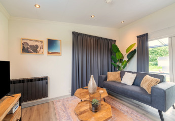 Lys og moderne stue i Brabants Weelde 33 med grå sofa, træborde, grøn plante og store vinduer.