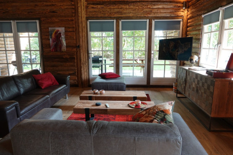 Stue i Park de Kievit 11 chalet i Belgien med moderne indretning, store vinduer og udsigt til haven.