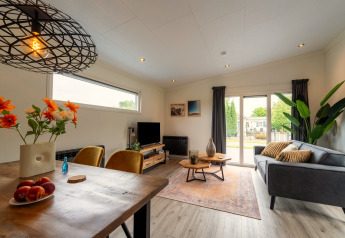 Moderne lodge-stue i Brabants Weelde 33, Holland med elegante møbler, store vinduer og grønne planter.
