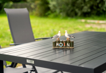 To mågefigurer og et skilt med teksten 'MOIN' på et sort bord i haven ved Brabants Weelde 33 i Holland.