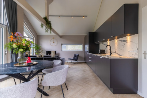 Moderne stue og køkken i Holiday Park Latour 4 i Holland, med elegante møbler og stilfuldt interiør.