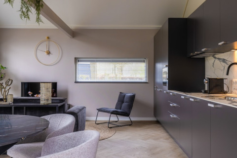 Modern living room and kitchen at Holiday Park «Latour 4» in the Netherlands with sleek contemporary decor.
