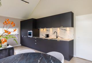 Modern kitchen at Holiday Park Latour 4, Netherlands, featuring dark cabinets and a marble backsplash.