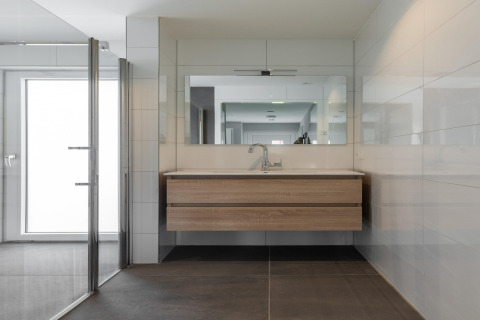 Modern bathroom with large mirror, sink, and wooden vanity at Holiday Park «Latour 4» in the Netherlands.