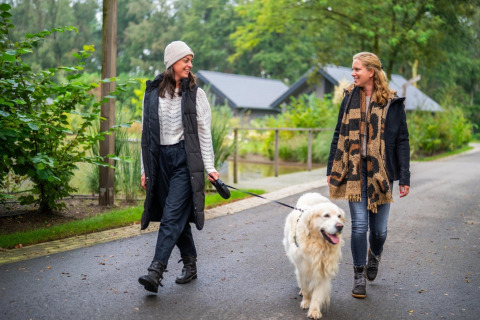 Deux femmes promènent un grand chien blanc sur une allée près d'un lodge entouré de verdure et chalets.