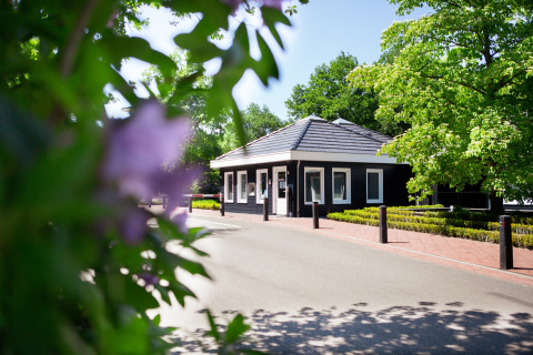 Lodge entrance with black walls, white trim, lush green trees, and purple flowers visible in the foreground.