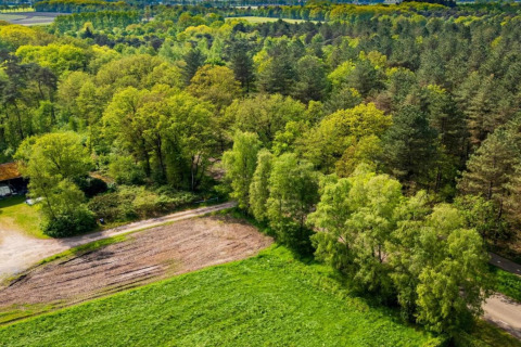 Vue aérienne d’un lodge entouré d’arbres verts et de champs, situé dans un paysage champêtre paisible.