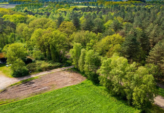 Luftfoto af en hytte omgivet af frodige grønne træer og en mark under en klar himmel om foråret.