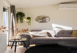 Moderne stue i Holiday Park «Latour 8», med grå sofa, hængende planter og vægdekoration i Holland.