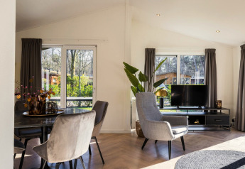Lichte, moderne lodgewoonkamer in Holiday Park Latour 8, Nederland, met grote ramen en stijlvolle inrichting.
