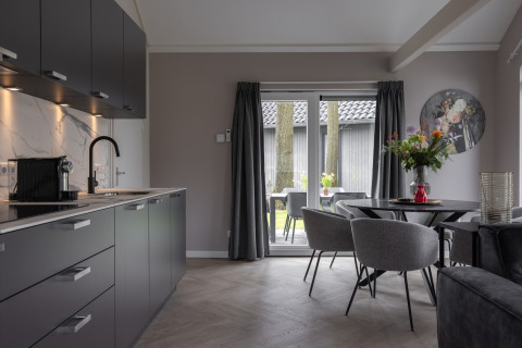Cucina e zona pranzo moderne con arredi grigi e grandi finestre al Holiday Park Latour 6, Paesi Bassi.