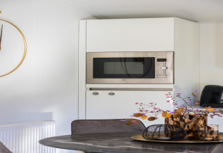Cucina moderna con microonde, macchina da caffè e decorazioni eleganti al Holiday Park Latour 8, Paesi Bassi.