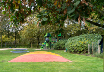 Buitenspeeltuin bij een lodge met een kleurrijk springkussen, schommels, glijbaan en veel bomen eromheen.