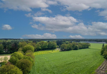 Udsigt over grønne marker og træer under en blå himmel med skyer ved Holiday Park Latour 6, Holland.
