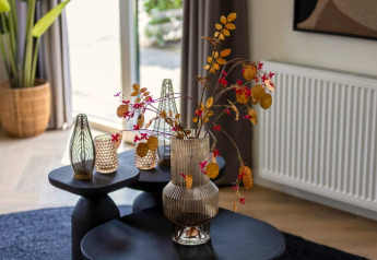 Moderne vaas met gedroogde bloemen en glazen vazen op zwarte tafeltjes bij Holiday Park Latour 8, Nederland.