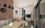Moderne woonkamer in Holiday Park «Klein Vink 25» in Nederland met grote ramen en houten accenten.