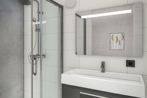 Salle de bain moderne avec douche vitrée, miroir lumineux et lavabo au Holiday Park Klein Vink 25, Pays-Bas.