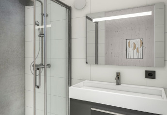 Salle de bain moderne avec douche vitrée, miroir lumineux et lavabo au Holiday Park Klein Vink 25, Pays-Bas.