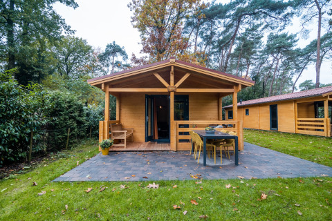 Vue extérieure d’un lodge bien-être pour 4 personnes aux Pays-Bas, entouré de verdure et d’arbres.