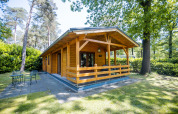 Lodge bien-être pour 2 personnes aux Pays-Bas, chalet en bois avec terrasse entouré d’arbres et verdure.