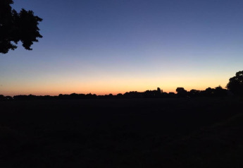 Sunset sky at a glamping accommodation with the silhouettes of trees and nature in peaceful surroundings.