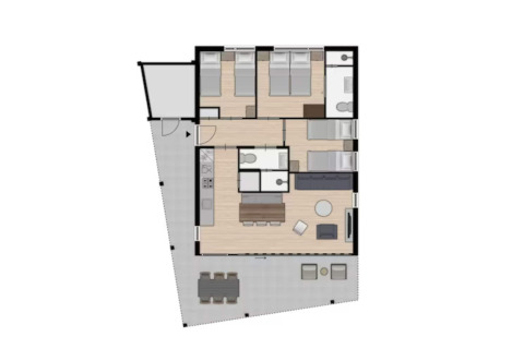 Plan d’un lodge au Holiday Park «Klein Vink 25» aux Pays-Bas, avec deux chambres et un espace salon.