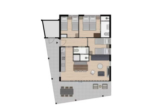 Floor plan of a lodge at Holiday Park «Klein Vink 25» in the Netherlands, showing two bedrooms and living area.