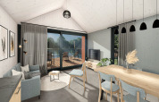 Modern living room with dining table and lake-view terrace at Holiday Park Klein Vink 24, Netherlands.