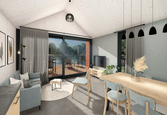 Modern living room with dining table and lake-view terrace at Holiday Park Klein Vink 24, Netherlands.