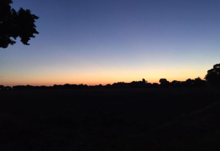 Solnedgang med silhuet af træer og klare farver i himlen set fra Holiday Park Klein Vink 24, Holland.
