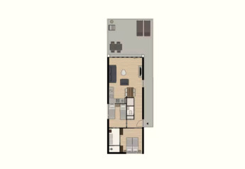 Floor plan of a lodge at Holiday Park Klein Vink 24, Netherlands, showing living area, kitchen, and bedroom.