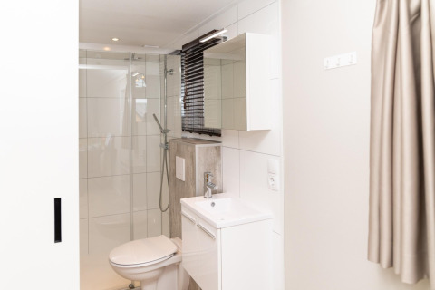 Moderne badeværelse på Berg Lodge i Holland med brusekabine, toilet og hvid vask med spejl.