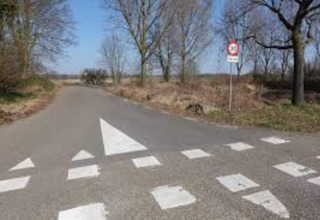 Incrocio vicino al lodge Biebosch nei Paesi Bassi con segnaletica stradale e cartello limite di velocità al sole.