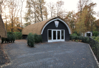 Eine moderne Lodge mit Reetdach bei Residence De Eese 22, umgeben von herbstlichen Bäumen.