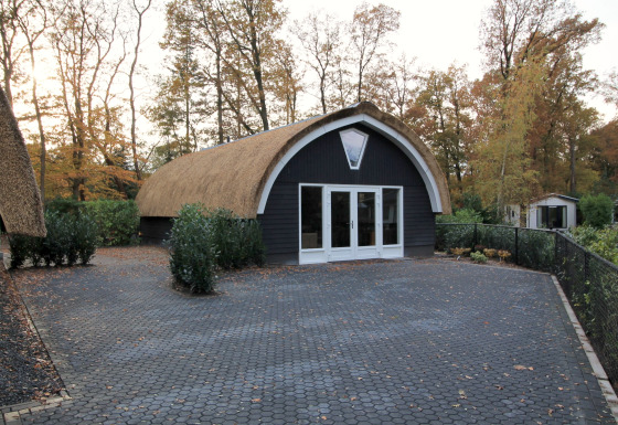 Een eigentijdse lodge met rieten dak bij Residence De Eese 22, omgeven door bomen in herfsttinten.