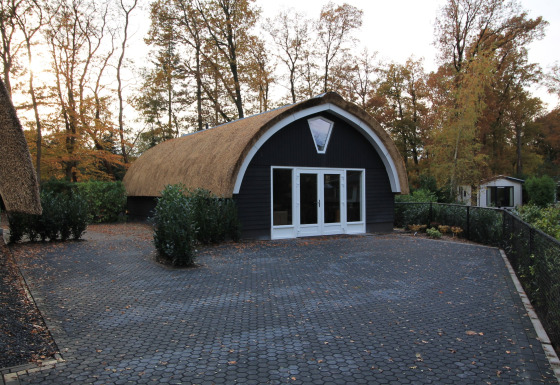 Et moderne lodge med stråtækt tag ved Residence De Eese 22, omgivet af træer i efterårsfarver.